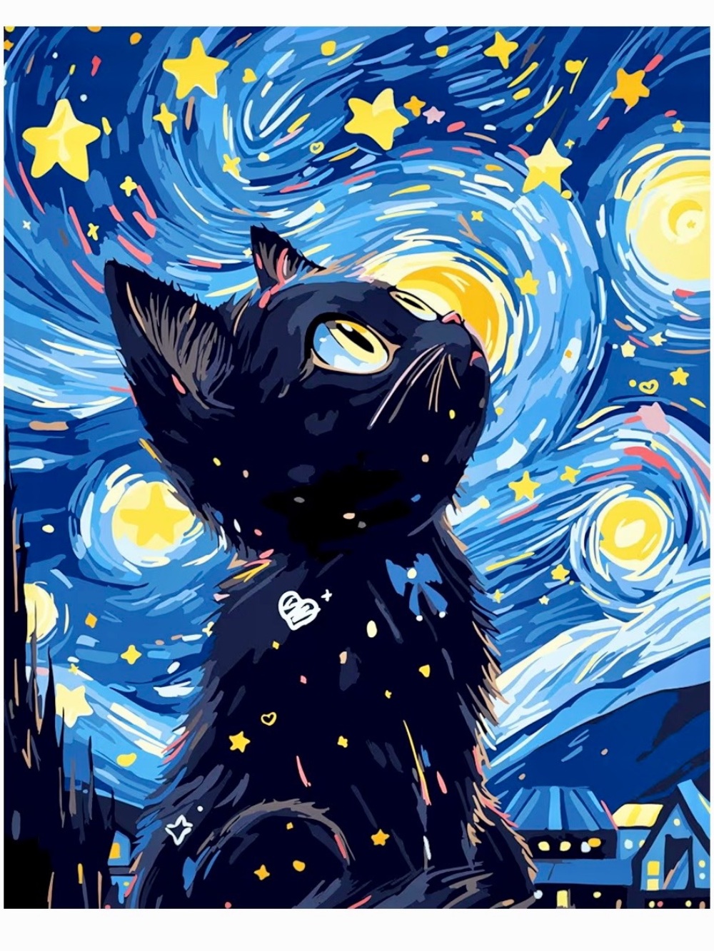 Starry Night Black Cat Pet Art Print - Blue & Yellow